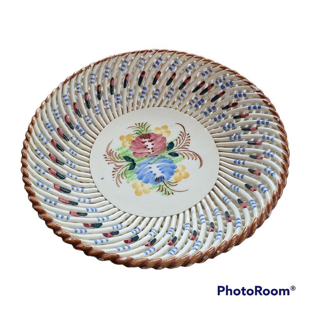 Vintage Reticulated Lattice Decorative Ceramic Bowl Hand Painted Made In Spain